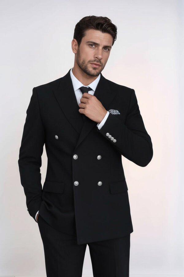 Slim Fit Double-Breasted Black Men’s Suit with Silver-Tone Metal Buttons