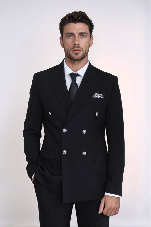 Slim Fit Double-Breasted Black Men’s Suit with Silver-Tone Metal Buttons