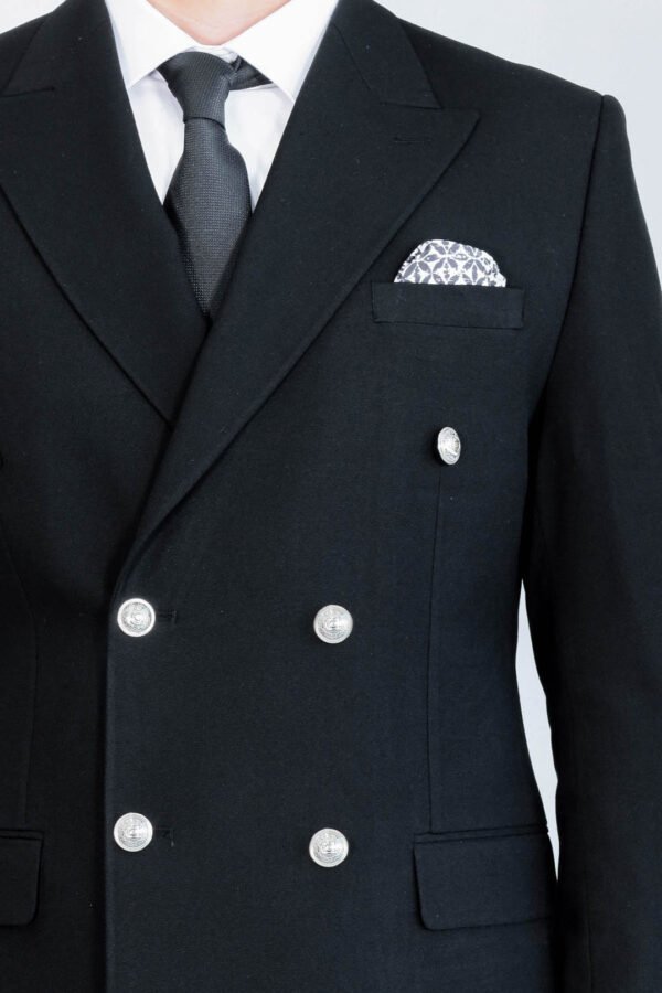 Slim Fit Double-Breasted Black Men’s Suit with Silver-Tone Metal Buttons