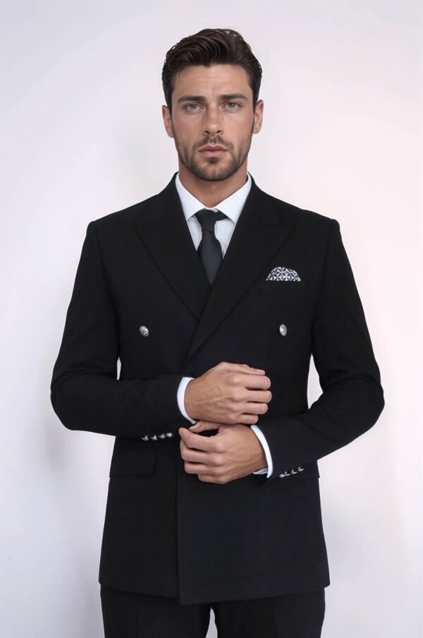 Slim Fit Double-Breasted Black Men’s Suit with Silver-Tone Metal Buttons