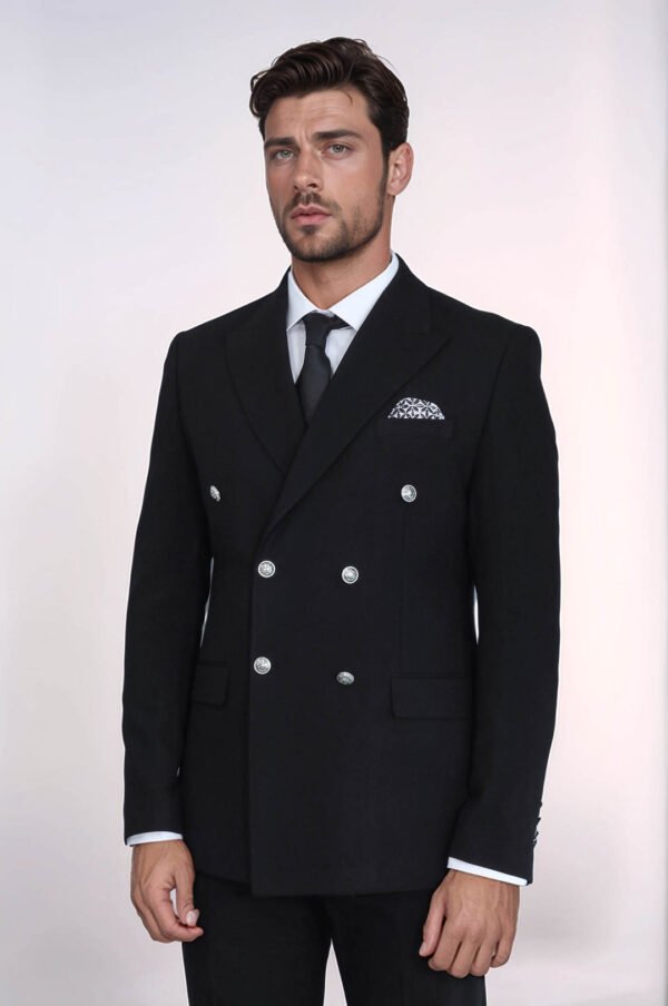 Slim Fit Double-Breasted Black Men’s Suit with Silver-Tone Metal Buttons
