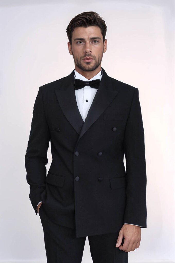 Slim Fit Double-Breasted Black Tuxedo Suit with Satin Lapel