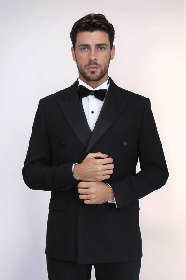 Slim Fit Double-Breasted Black Tuxedo Suit with Satin Lapel