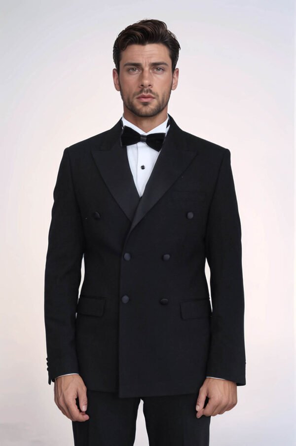 Slim Fit Double-Breasted Black Tuxedo Suit with Satin Lapel