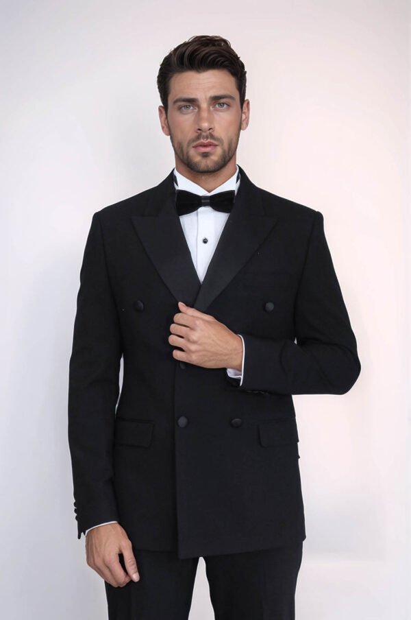 Slim Fit Double-Breasted Black Tuxedo Suit with Satin Lapel