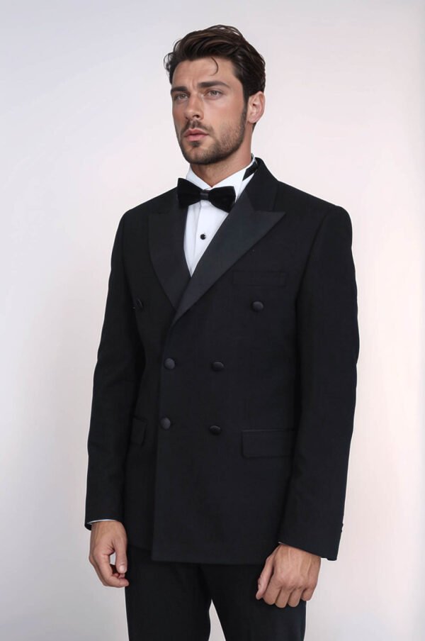 Slim Fit Double-Breasted Black Tuxedo Suit with Satin Lapel