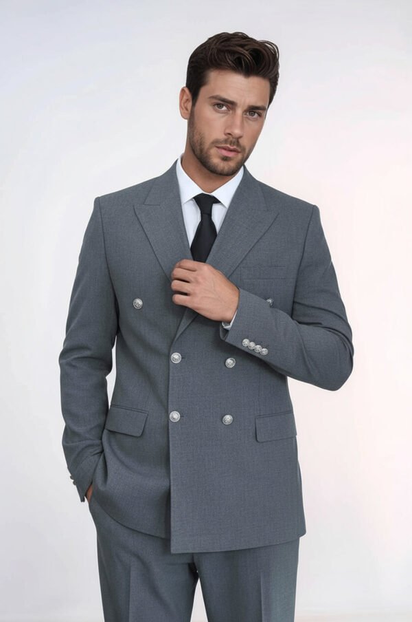 Slim Fit Double-Breasted Grey Men’s Suit with Silver-Tone Metal Buttons