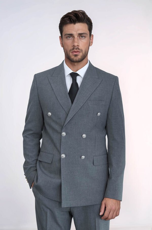 Slim Fit Double-Breasted Grey Men’s Suit with Silver-Tone Metal Buttons