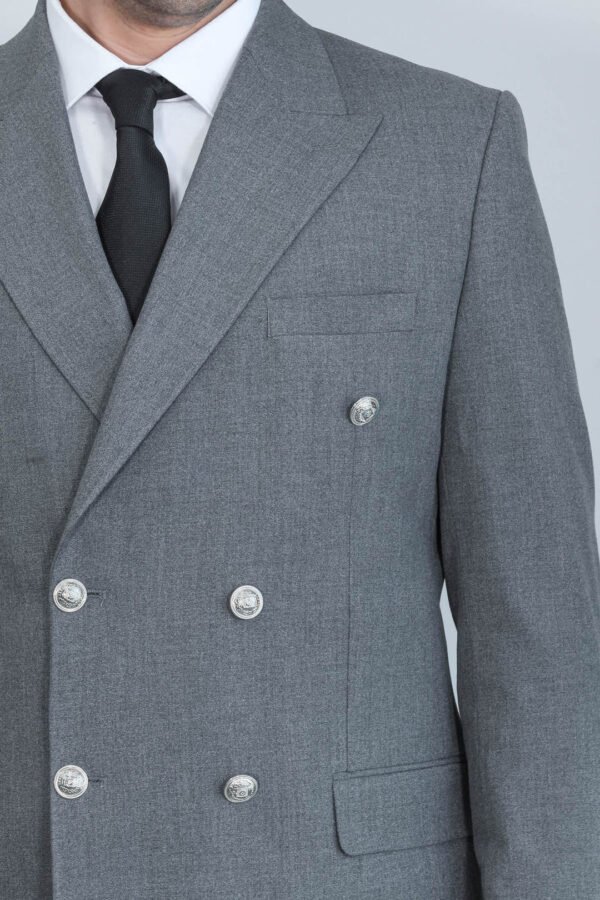 Slim Fit Double-Breasted Grey Men’s Suit with Silver-Tone Metal Buttons