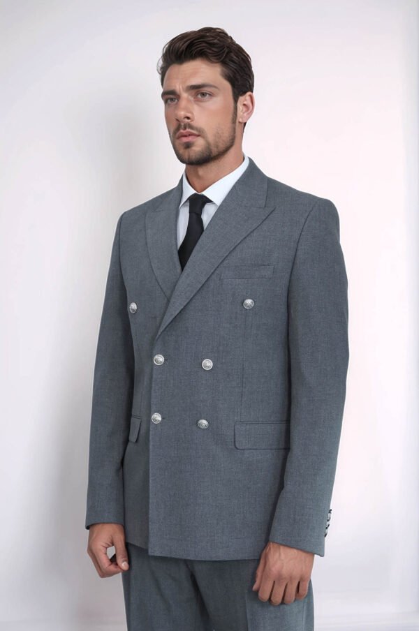Slim Fit Double-Breasted Grey Men’s Suit with Silver-Tone Metal Buttons