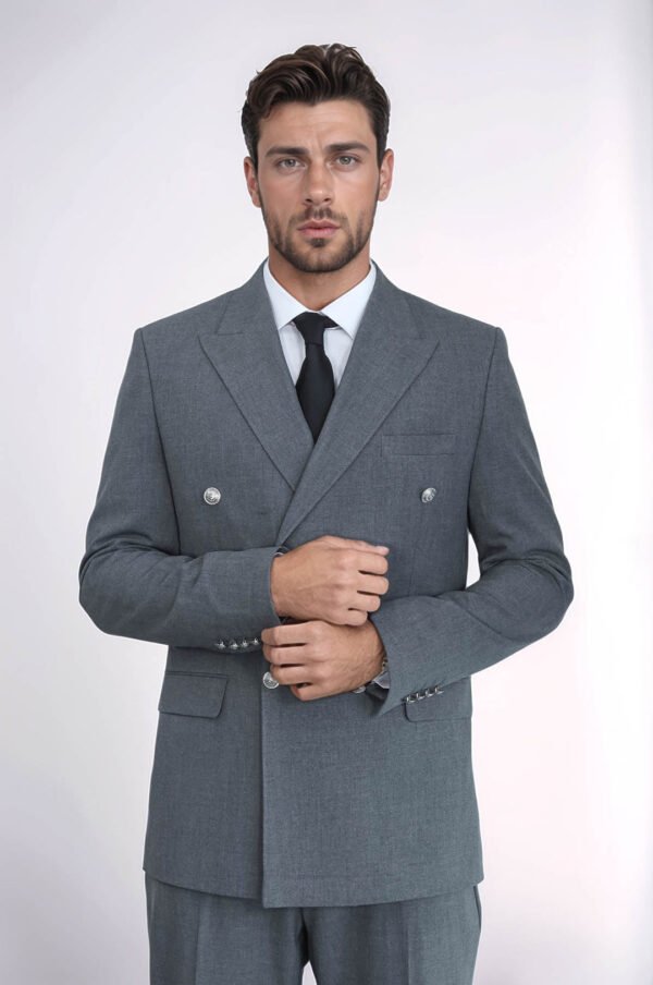 Slim Fit Double-Breasted Grey Men’s Suit with Silver-Tone Metal Buttons