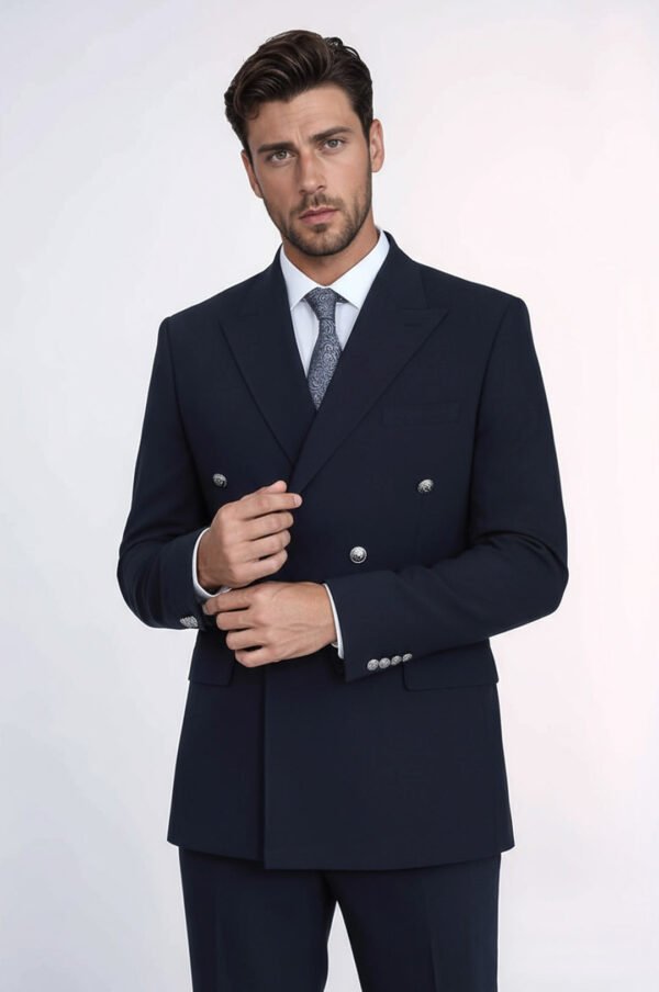 Slim Fit Double-Breasted Navy Men’s Suit with Silver-Tone Metal Buttons