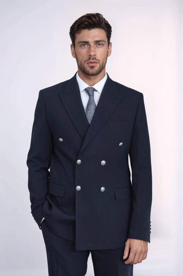 Slim Fit Double-Breasted Navy Men’s Suit with Silver-Tone Metal Buttons