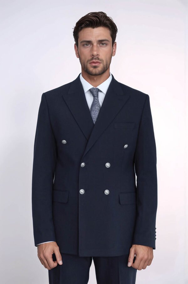 Slim Fit Double-Breasted Navy Men’s Suit with Silver-Tone Metal Buttons
