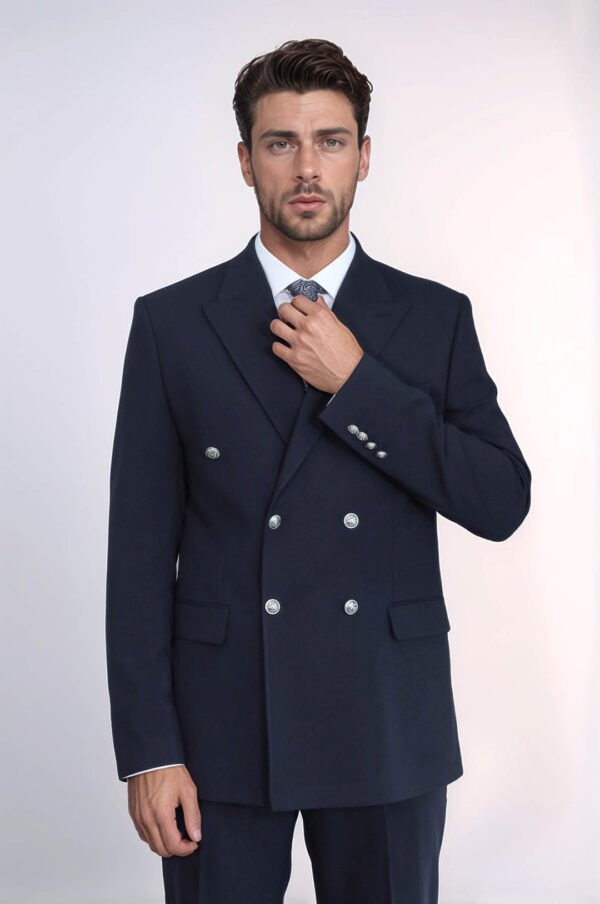 Slim Fit Double-Breasted Navy Men’s Suit with Silver-Tone Metal Buttons
