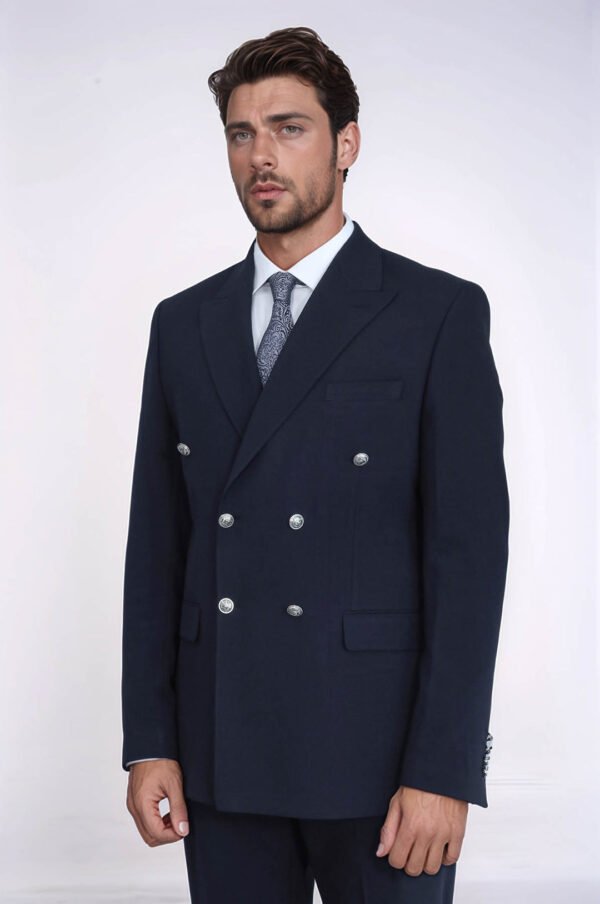 Slim Fit Double-Breasted Navy Men’s Suit with Silver-Tone Metal Buttons