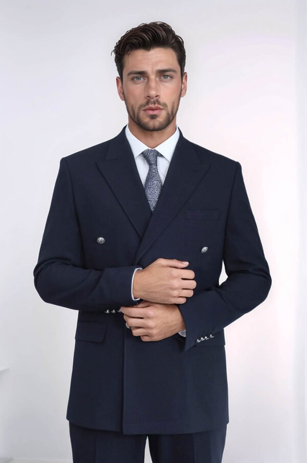 Slim Fit Double-Breasted Navy Men’s Suit with Silver-Tone Metal Buttons