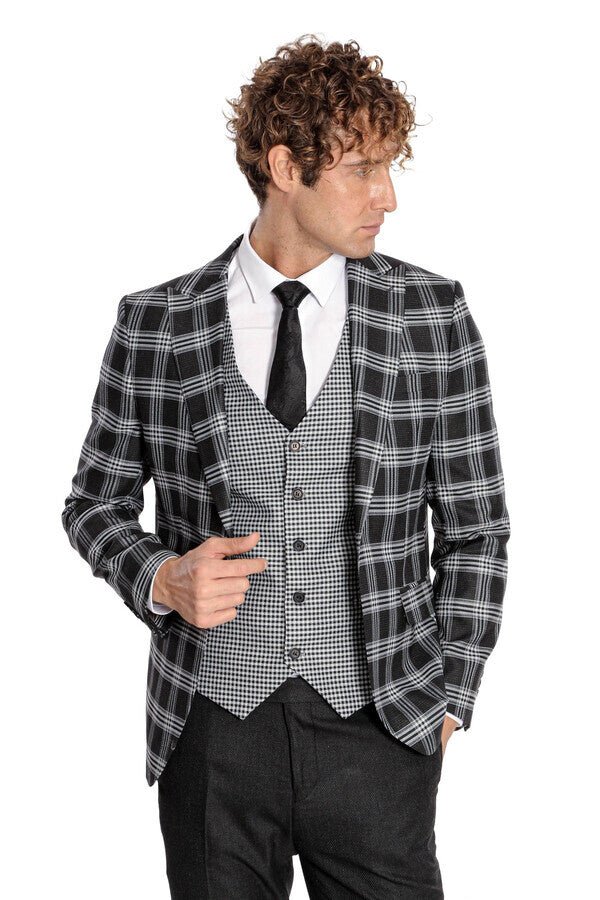 Slim Fit Patterned Checked Black Men Suit
