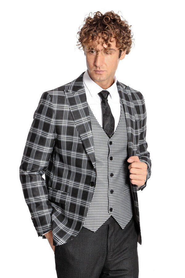 Slim Fit Patterned Checked Black Men Suit