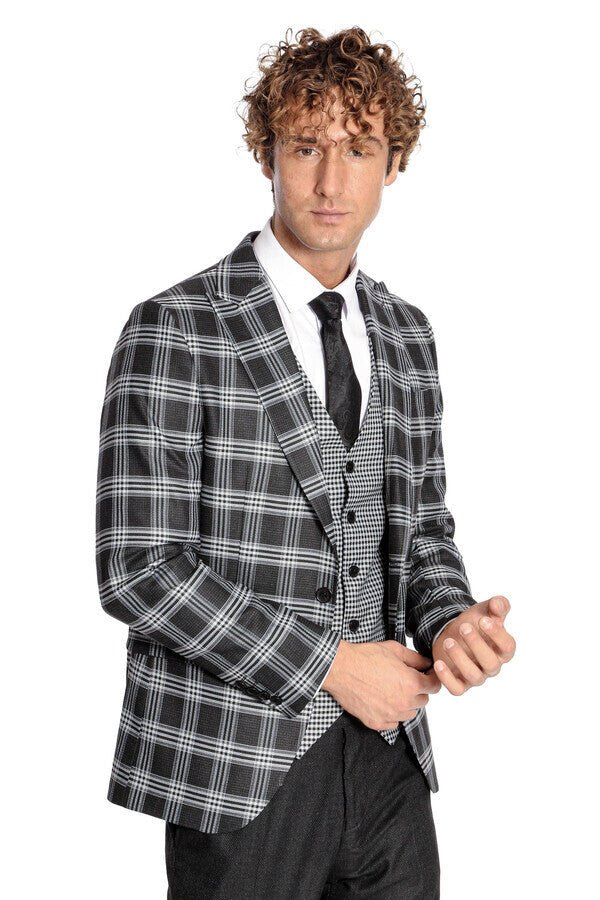 Slim Fit Patterned Checked Black Men Suit