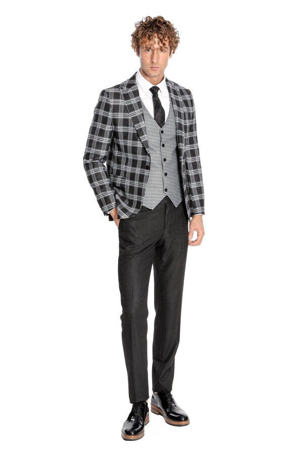 Slim Fit Patterned Checked Black Men Suit