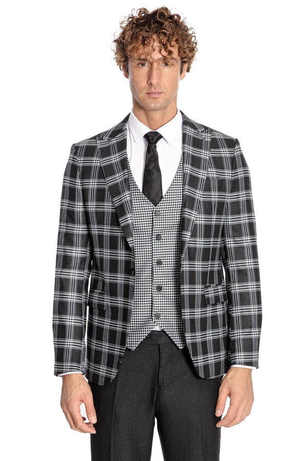 Slim Fit Patterned Checked Black Men Suit