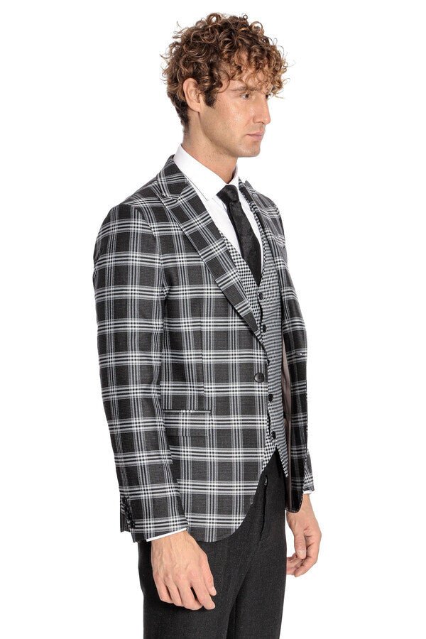 Slim Fit Patterned Checked Black Men Suit