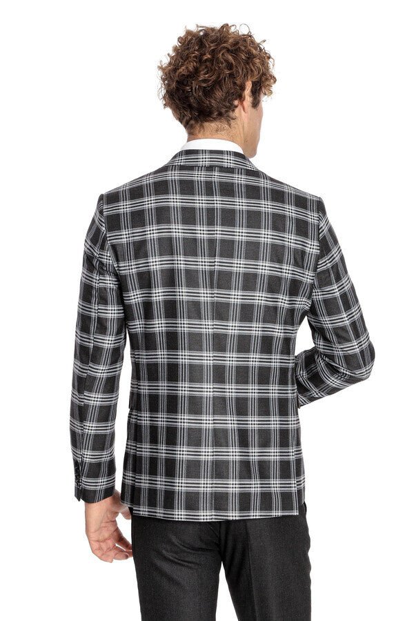 Slim Fit Patterned Checked Black Men Suit