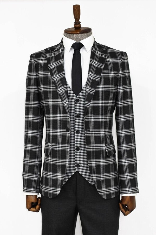 Slim Fit Patterned Checked Black Men Suit