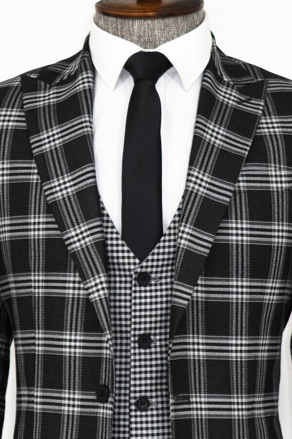 Slim Fit Patterned Checked Black Men Suit