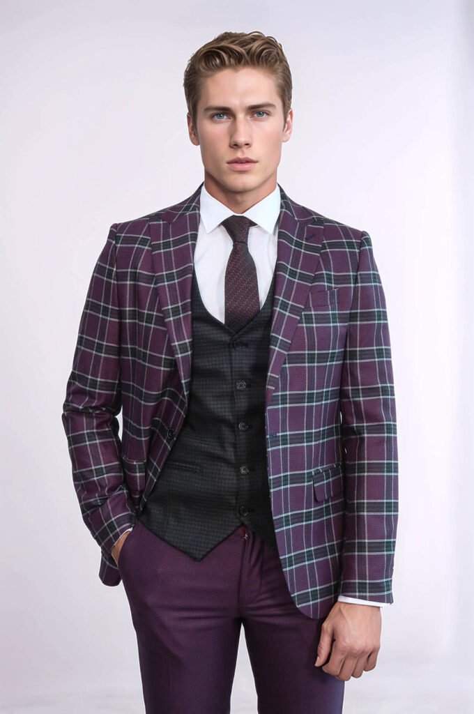 Slim Fit Patterned Checked Burgundy Men Suit
