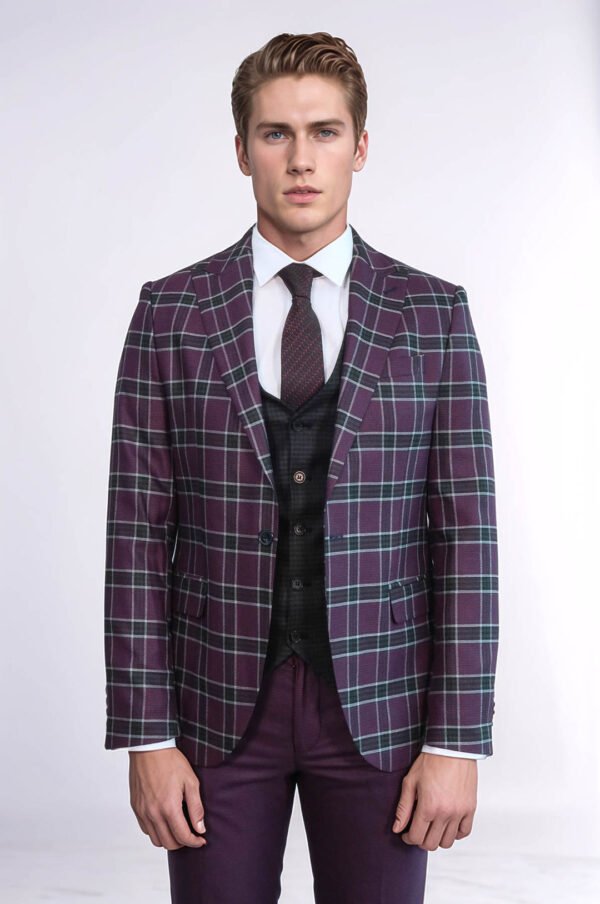 Slim Fit Patterned Checked Burgundy Men Suit