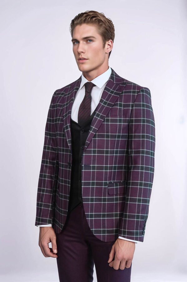 Slim Fit Patterned Checked Burgundy Men Suit