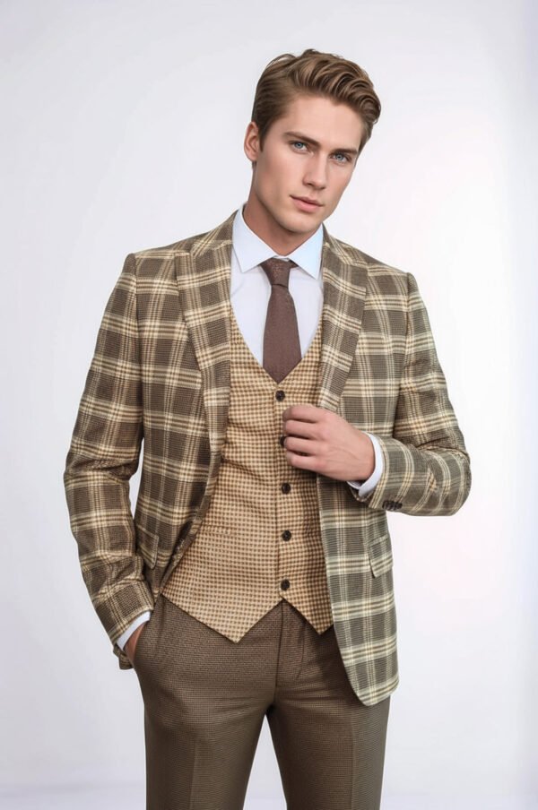 Slim Fit Patterned Checked Light Brown Men Suit