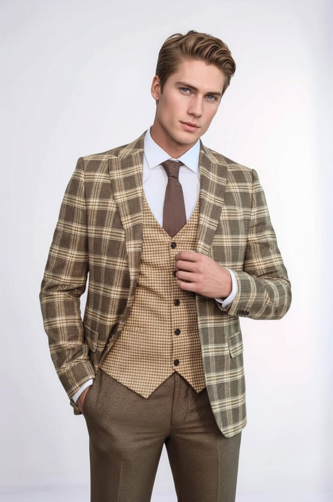 Slim Fit Patterned Checked Light Brown Men Suit