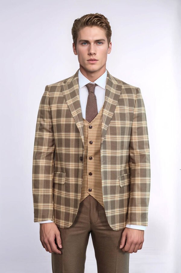 Slim Fit Patterned Checked Light Brown Men Suit