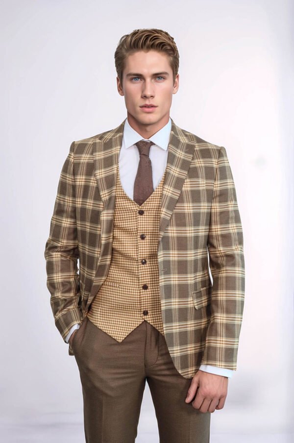 Slim Fit Patterned Checked Light Brown Men Suit