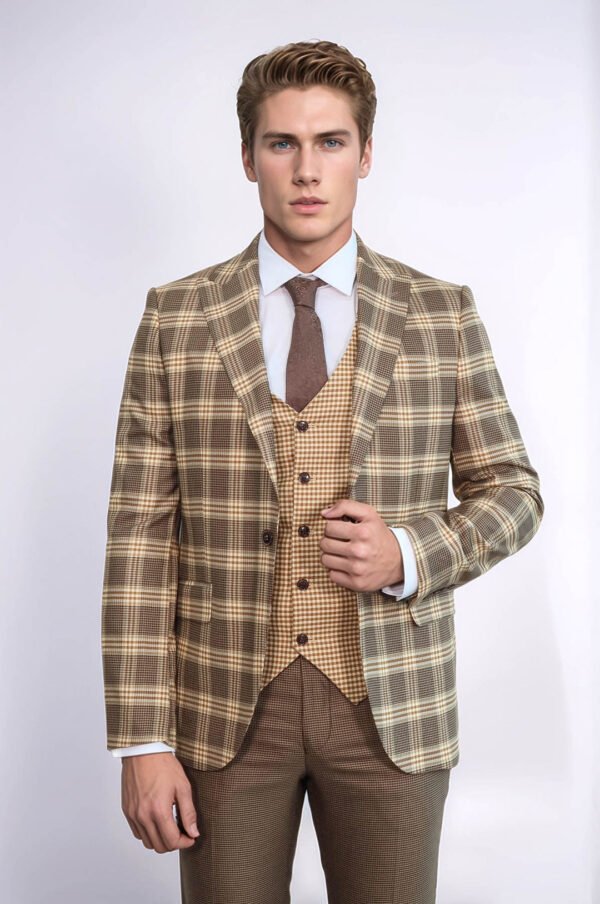 Slim Fit Patterned Checked Light Brown Men Suit