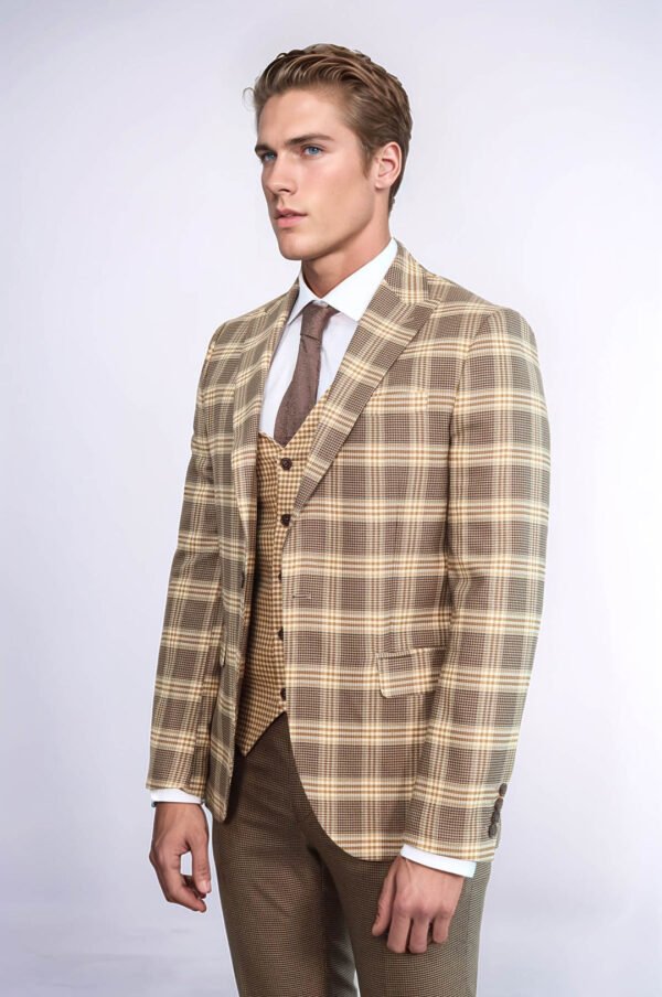 Slim Fit Patterned Checked Light Brown Men Suit