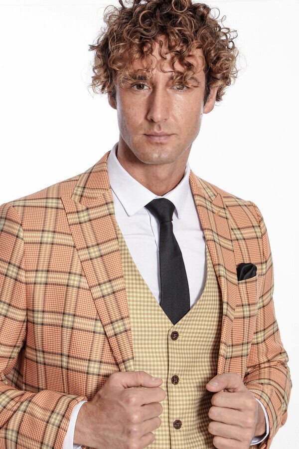 Slim Fit Patterned Checked Orange Men Suit