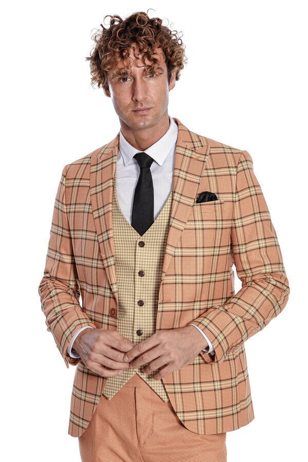 Slim Fit Patterned Checked Orange Men Suit