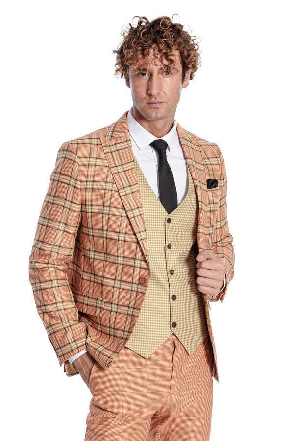 Slim Fit Patterned Checked Orange Men Suit