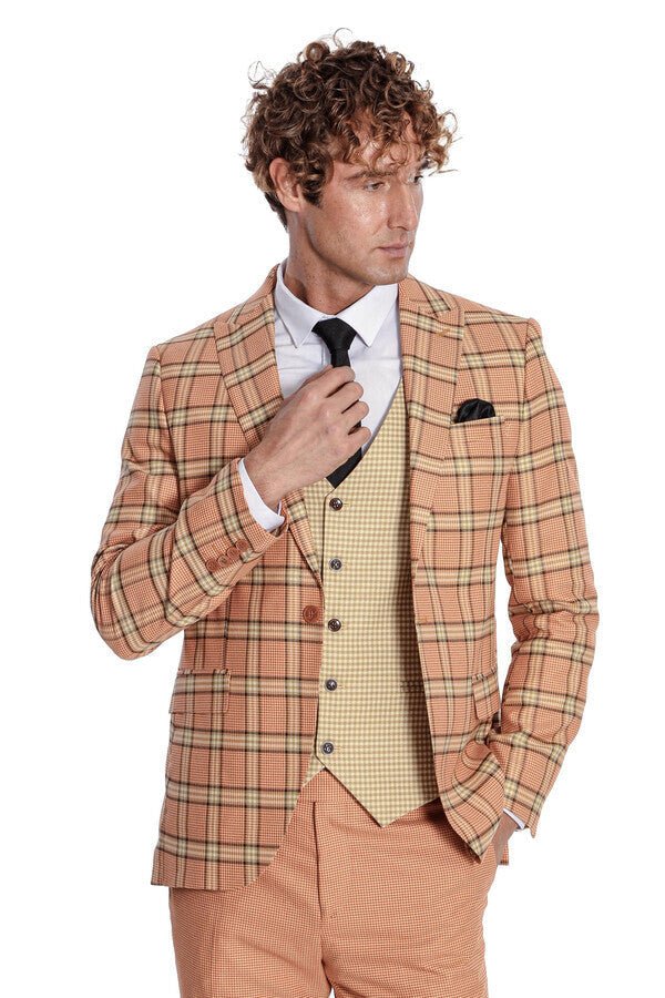 Slim Fit Patterned Checked Orange Men Suit
