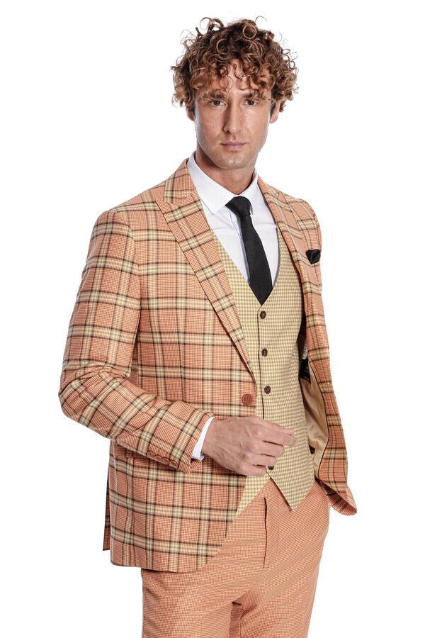 Slim Fit Patterned Checked Orange Men Suit