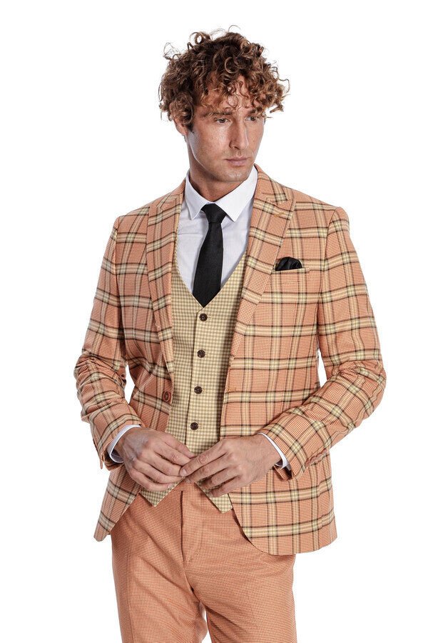 Slim Fit Patterned Checked Orange Men Suit