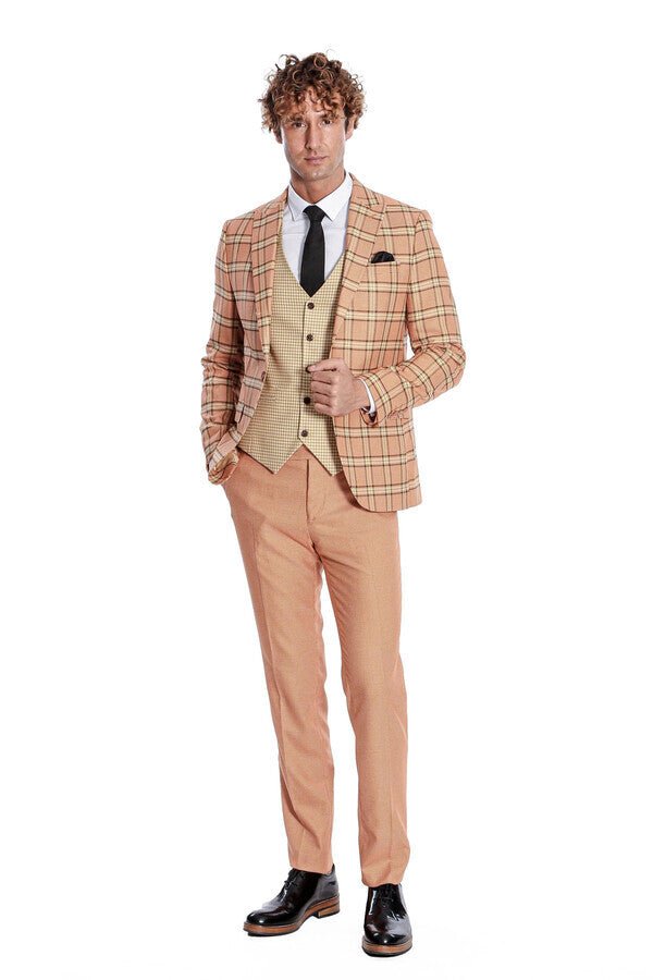 Slim Fit Patterned Checked Orange Men Suit
