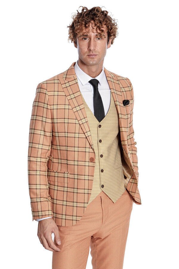 Slim Fit Patterned Checked Orange Men Suit