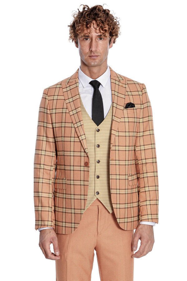Slim Fit Patterned Checked Orange Men Suit