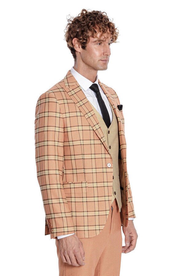 Slim Fit Patterned Checked Orange Men Suit