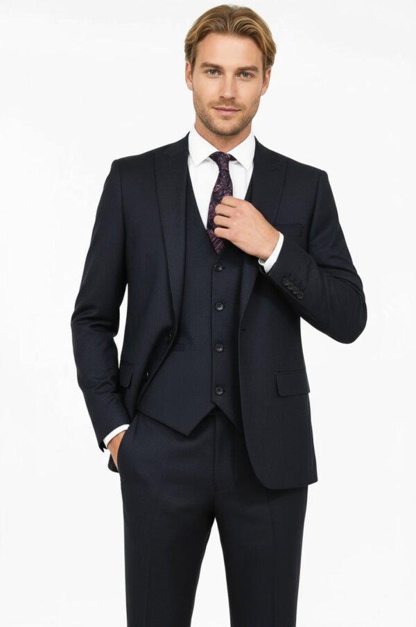 Slim Fit Patterned Navy Blue Men Suit